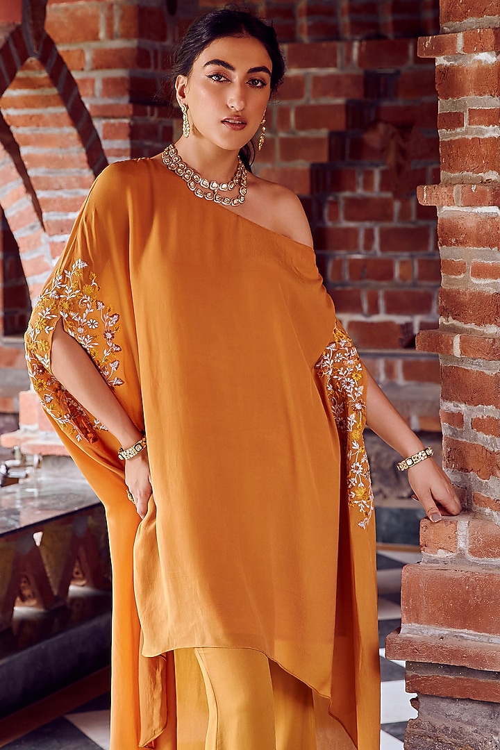 Mayan Gold Crepe Kaftan Set by Ritika Verma at Pernia's Pop Up Shop