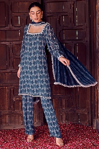 Midnight Blue Georgette Printed & Hand Embroidered Kurta Set by Ritika Verma