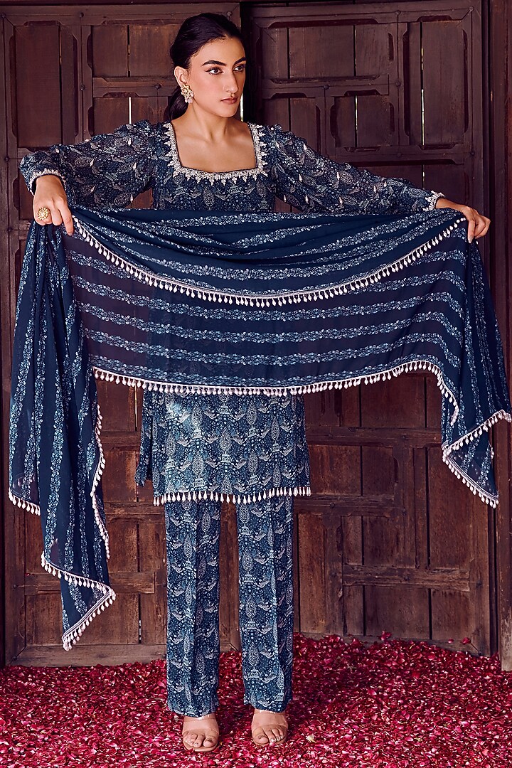 Midnight Blue Georgette Printed & Hand Embroidered Kurta Set by Ritika Verma at Pernia's Pop Up Shop