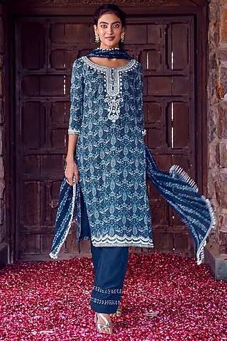 Midnight Blue Georgette Printed & Hand Embroidered Kurta Set by Ritika Verma