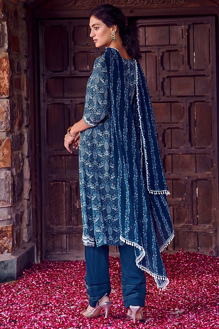 Midnight Blue Georgette Printed & Hand Embroidered Kurta Set by Ritika Verma at Pernia's Pop Up Shop