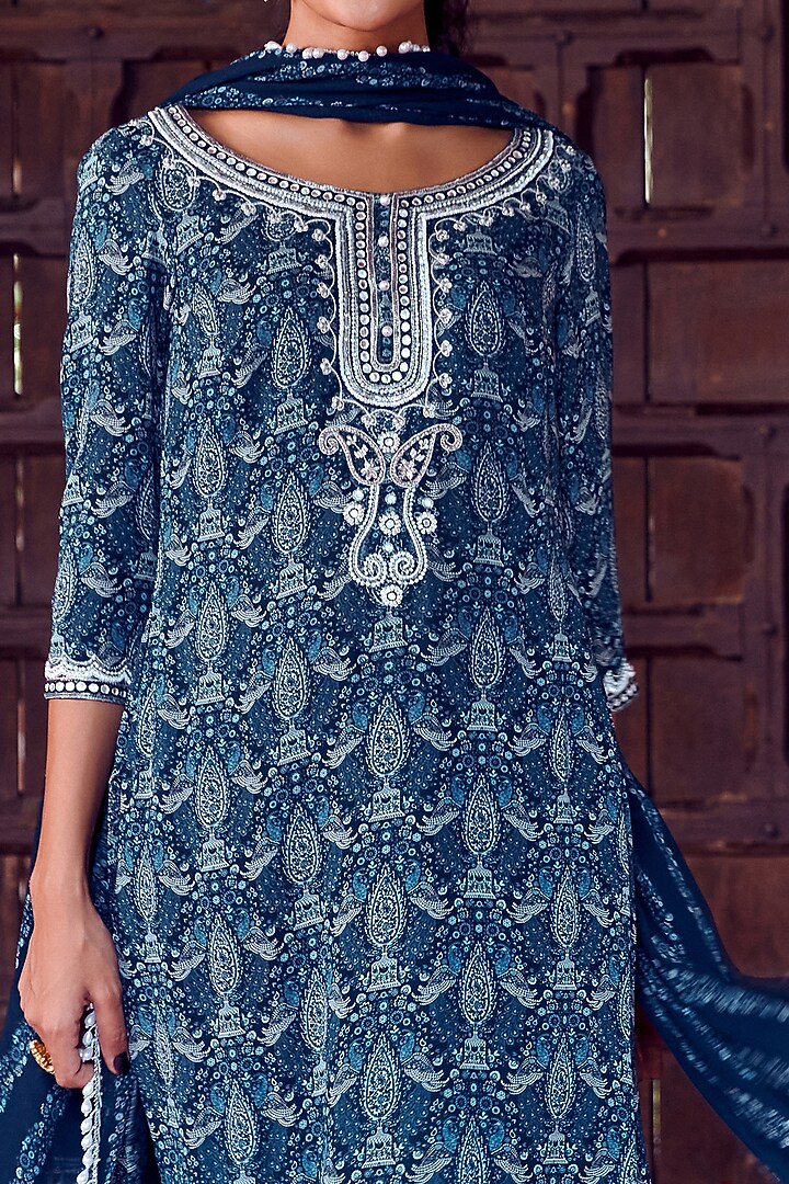 Midnight Blue Georgette Printed & Hand Embroidered Kurta Set by Ritika Verma at Pernia's Pop Up Shop