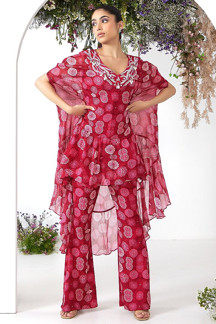 Red Georgette Embroidered Asymmetrical Tunic Set by Ritika Verma