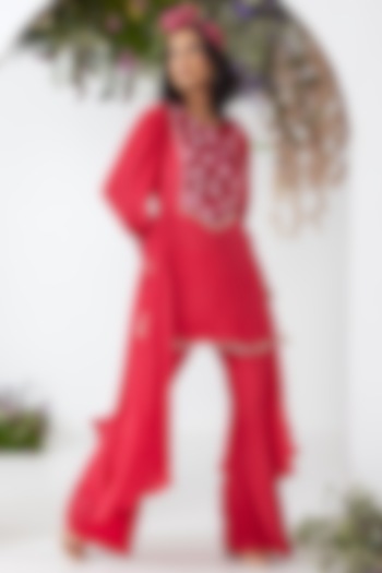 Red Viscose Crepe Embroidered Tunic Set by Ritika Verma