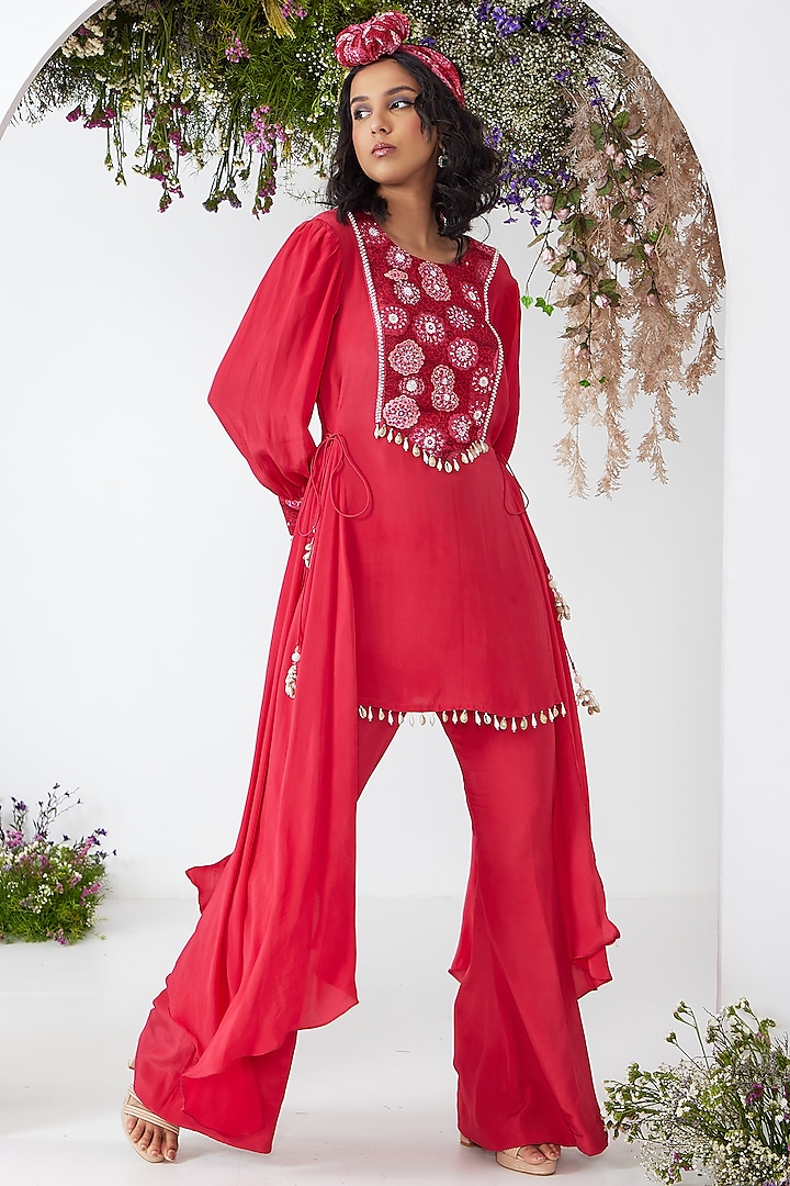 Red Viscose Crepe Embroidered Tunic Set by Ritika Verma