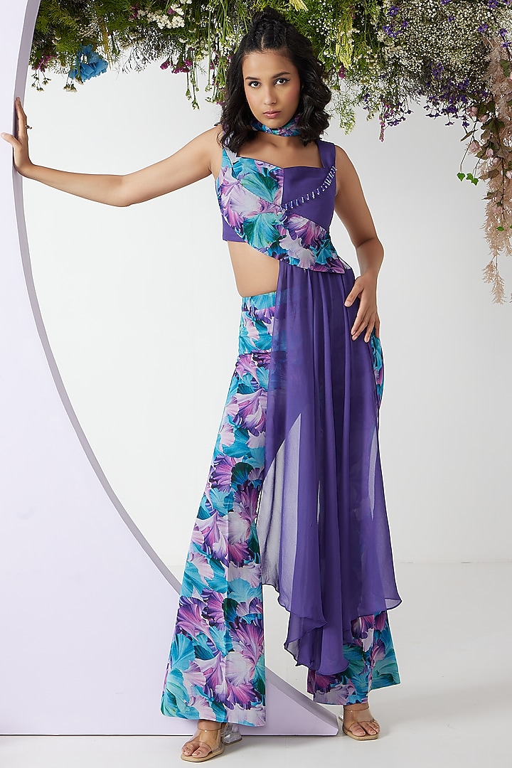 Turquoise & Purple Georgette Printed Co-Ord Set by Ritika Verma