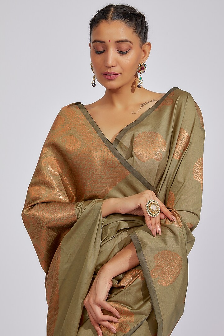 Olive Green South Silk Festive Saree by House of Dhriti at Pernia's Pop Up Shop