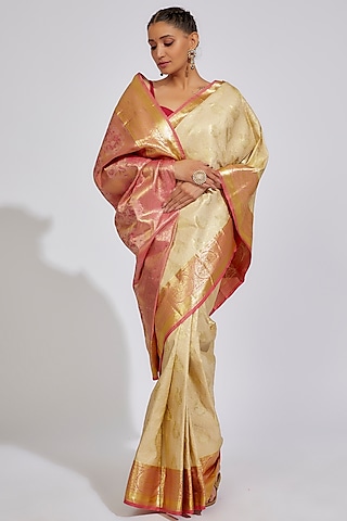 Cream & Golden Kanjivaram Silk Saree by House of Dhriti