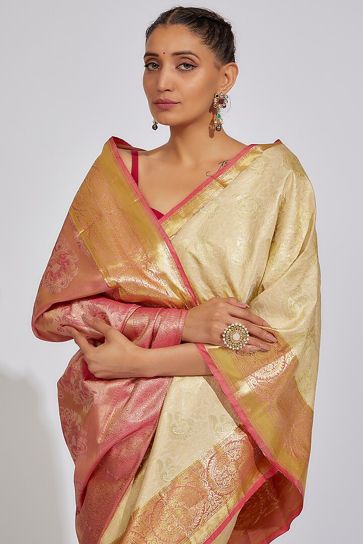 Cream & Golden Kanjivaram Silk Festive Saree by House of Dhriti at Pernia's Pop Up Shop