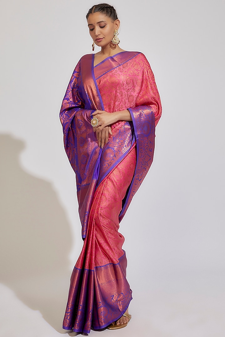 Dark Blue & Pink Kanjivaram Silk Saree by House of Dhriti