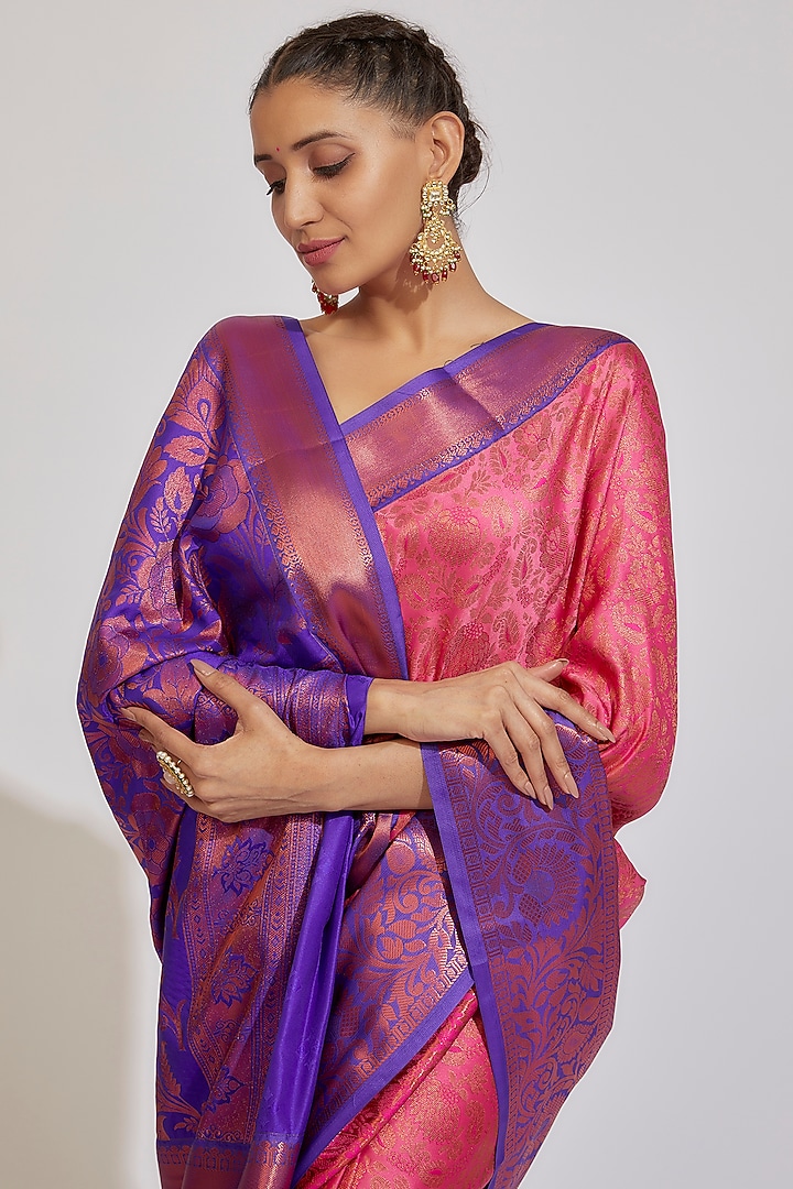 Dark Blue & Pink Kanjivaram Silk Festive Saree by House of Dhriti at Pernia's Pop Up Shop