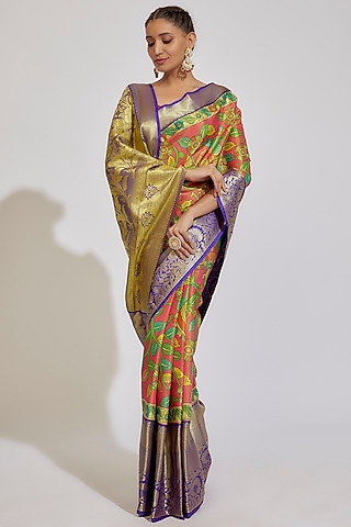 Blue & Carrot Red Kanjivaram Silk Printed Saree by House of Dhriti