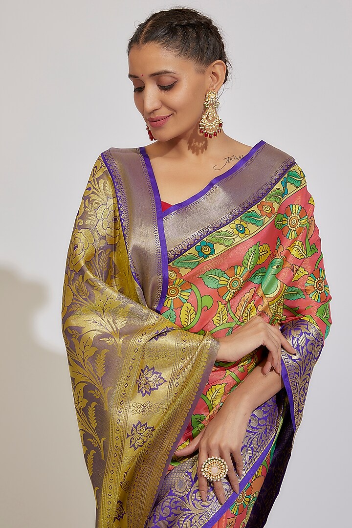 Blue & Carrot Red Kanjivaram Silk Printed Party Wear Saree by House of Dhriti at Pernia's Pop Up Shop