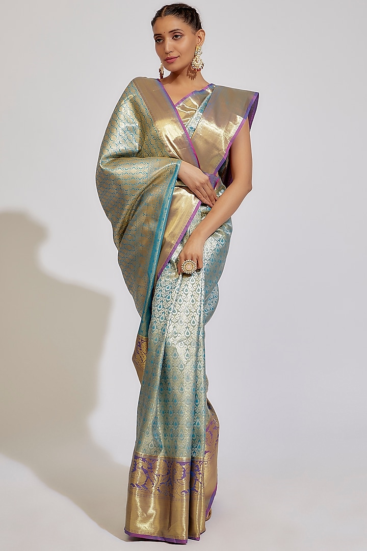 Peacock Blue & Golden Kanjivaram Silk Saree Set by House of Dhriti
