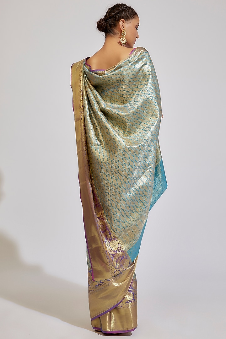 Peacock Blue & Golden Kanjivaram Silk Festive Saree Set by House of Dhriti at Pernia's Pop Up Shop