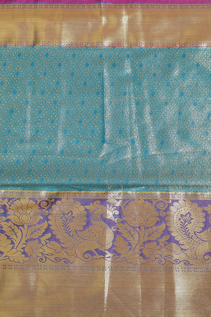Peacock Blue & Golden Kanjivaram Silk Festive Saree Set by House of Dhriti at Pernia's Pop Up Shop