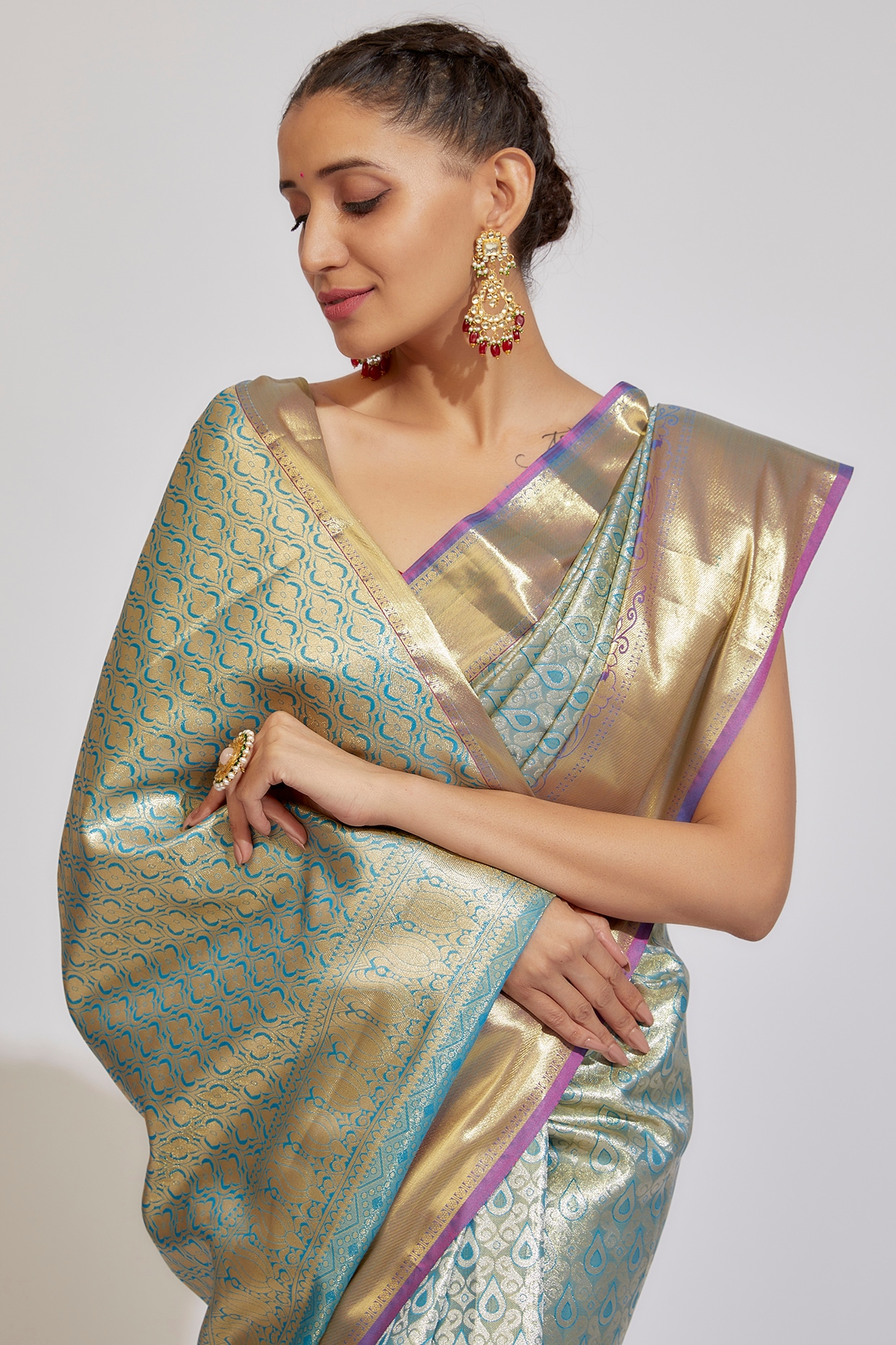 Look dashing in this feminine traditional saree made by fab funda. Pair  this ROYAL BLUE design with simple heels and a cute clutch when you're  going out to celebrate a loved one's