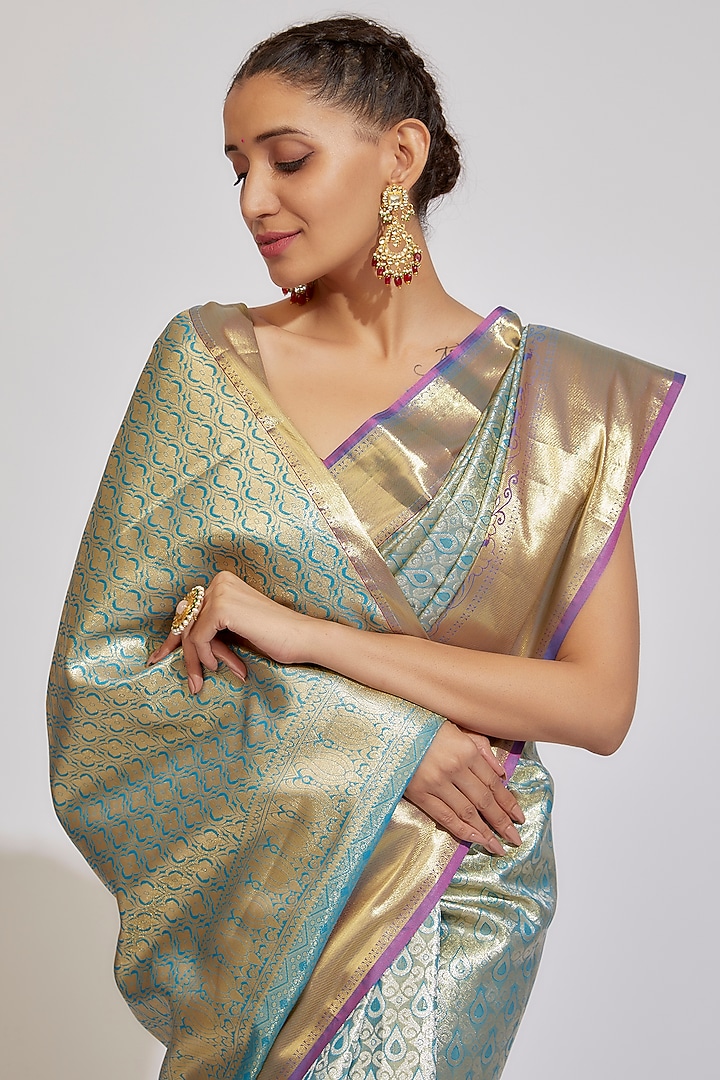 Peacock Blue & Golden Kanjivaram Silk Festive Saree Set by House of Dhriti at Pernia's Pop Up Shop