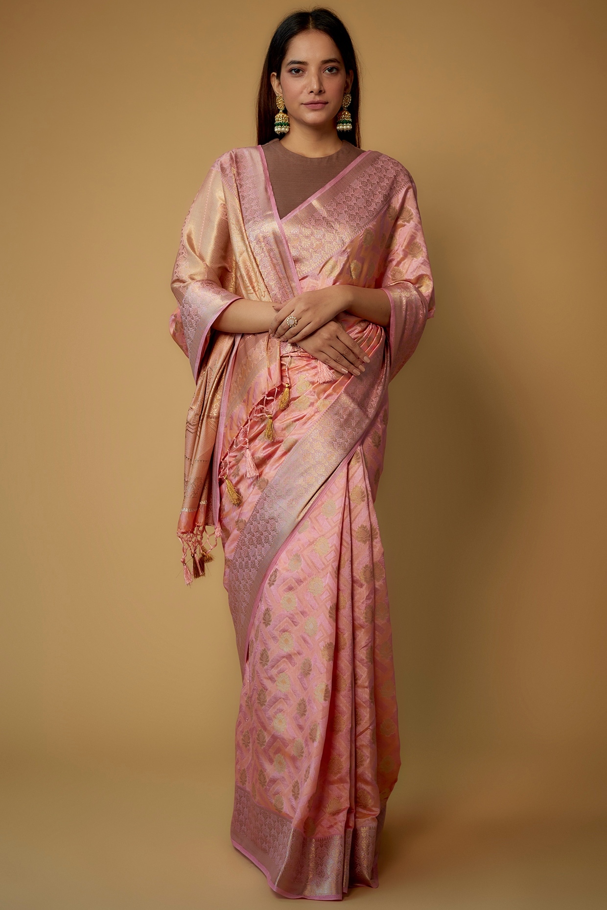 Pink & Purple Golden Zari Embellished Lichi Silk Saree – Cygnus Fashion