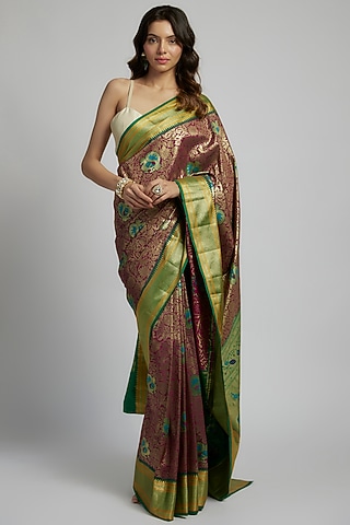 Maroon-Wine Silk Kanjivaram Saree Set by House of Dhriti