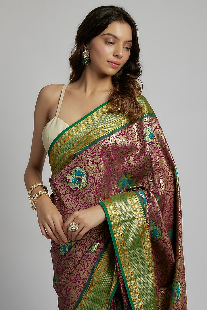 Maroon-Wine Silk Kanjivaram Party Wear Saree Set by House of Dhriti at Pernia's Pop Up Shop
