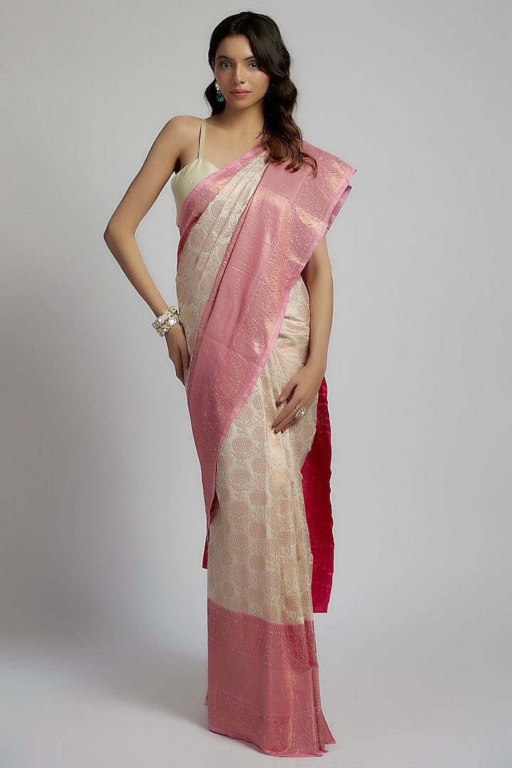 Pink & Ivory Silk Zari Kanchipuram Saree Set by House of Dhriti