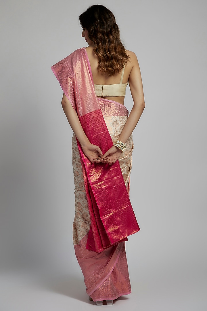 Pink & Ivory Silk Zari Kanchipuram Festive Saree Set by House of Dhriti at Pernia's Pop Up Shop