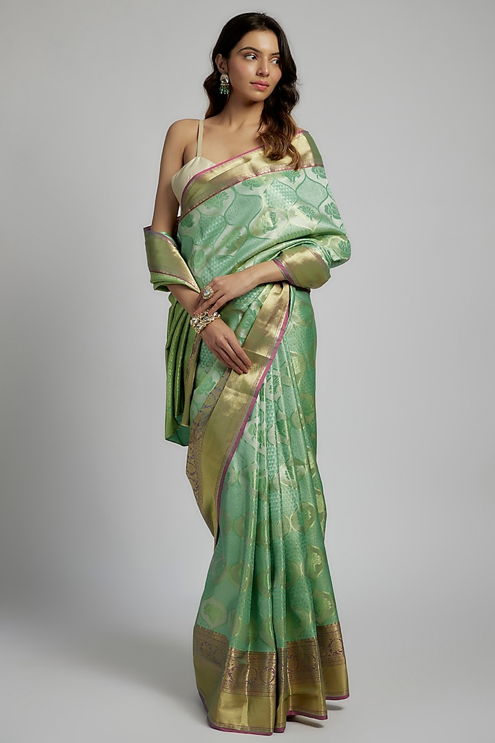 Green & Gold Silk Kanjivaram Saree Set by House of Dhriti