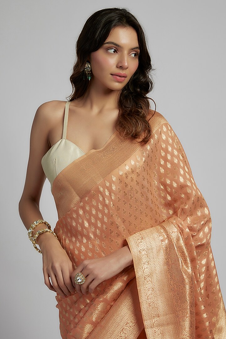 Peach & Cream Silk Zari Kanchipuram Festive Saree Set by House of Dhriti at Pernia's Pop Up Shop
