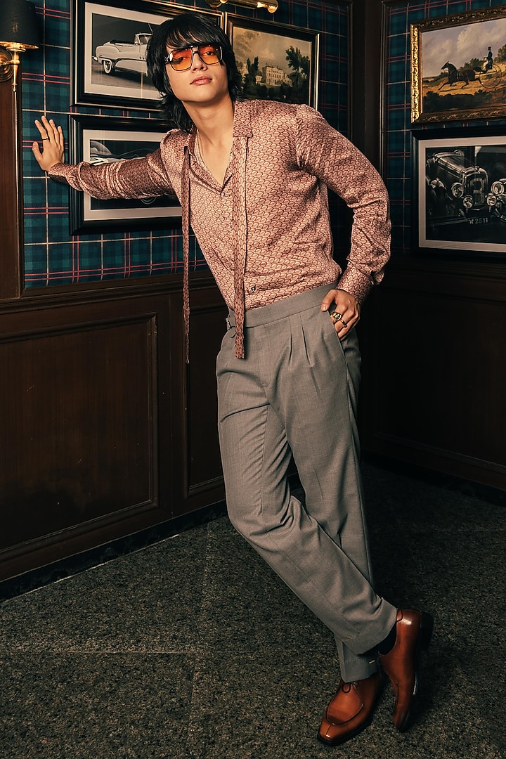 Brown Cotton Modal Satin Party Wear Shirt by House of Sannidhi at Pernia's Pop Up Shop