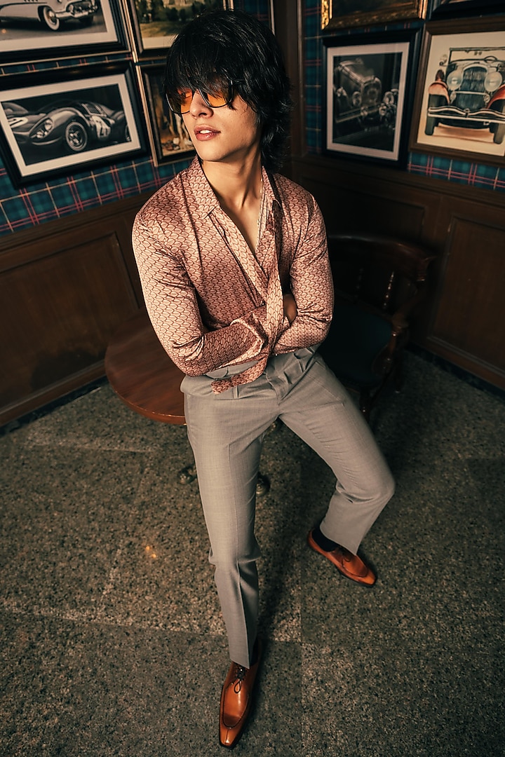 Brown Cotton Modal Satin Party Wear Shirt by House of Sannidhi at Pernia's Pop Up Shop