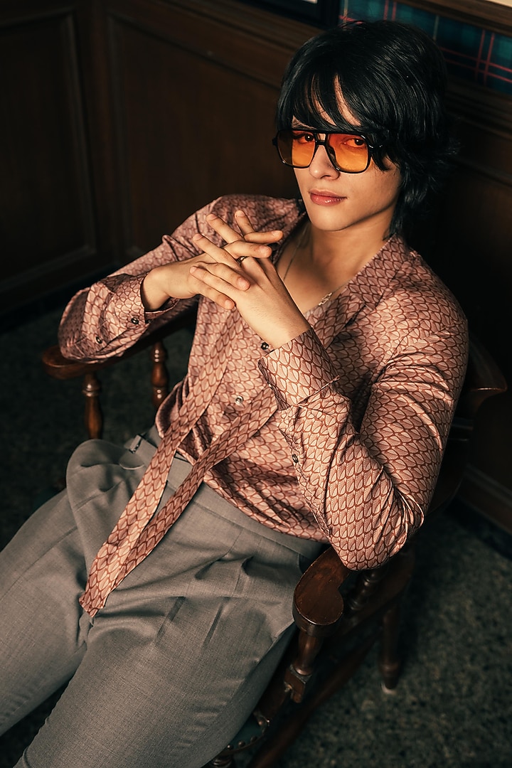 Brown Cotton Modal Satin Party Wear Shirt by House of Sannidhi at Pernia's Pop Up Shop