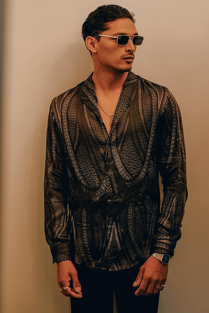 Dark Blue Cotton Modal Satin Party Wear Shirt by House of Sannidhi at Pernia's Pop Up Shop