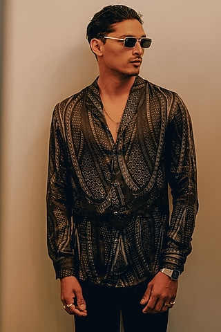 Dark Blue Cotton Modal Satin Shirt by House of Sannidhi