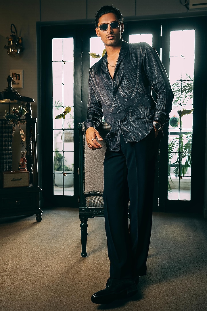 Dark Blue Cotton Modal Satin Party Wear Shirt by House of Sannidhi at Pernia's Pop Up Shop