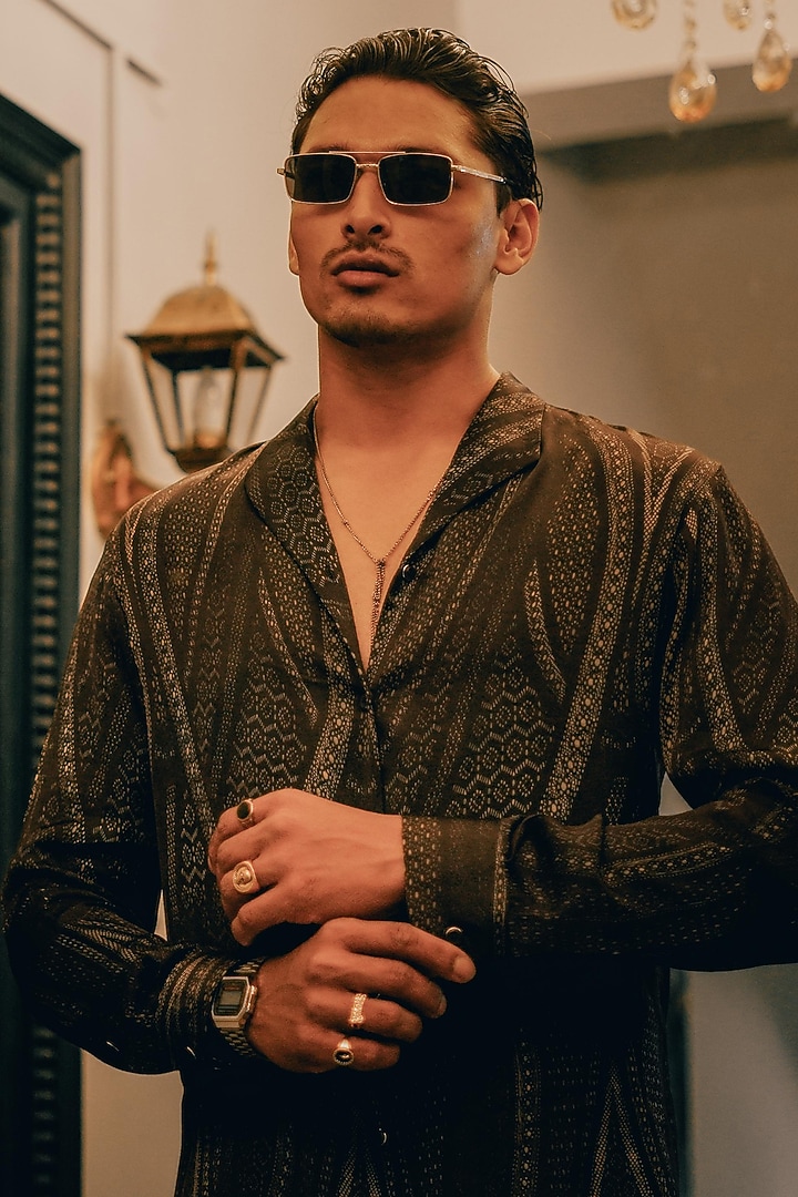 Dark Blue Cotton Modal Satin Party Wear Shirt by House of Sannidhi at Pernia's Pop Up Shop