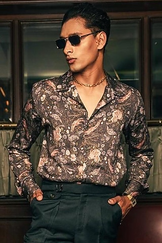 Green Modal Satin Floral Printed Shirt by House of Sannidhi