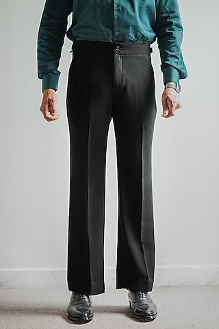 Black Japanese Armani Blended Viscose Pleated Trousers by House of Sannidhi