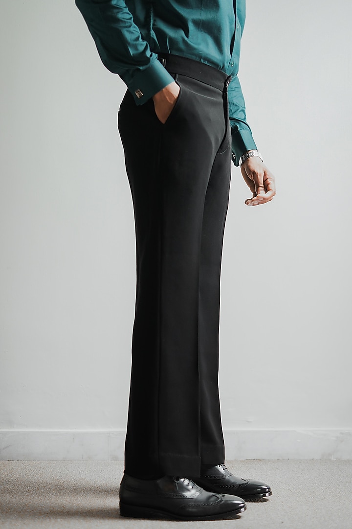 Black Japanese Armani Blended Viscose Pleated Trousers by House of Sannidhi at Pernia's Pop Up Shop