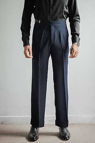 Deep Navy Japanese Armani Blended Viscose Pleated Trousers by House of Sannidhi