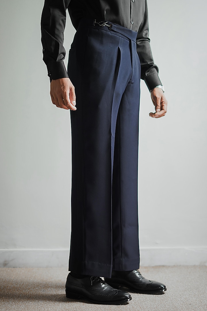 Deep Navy Japanese Armani Blended Viscose Pleated Trousers by House of Sannidhi at Pernia's Pop Up Shop