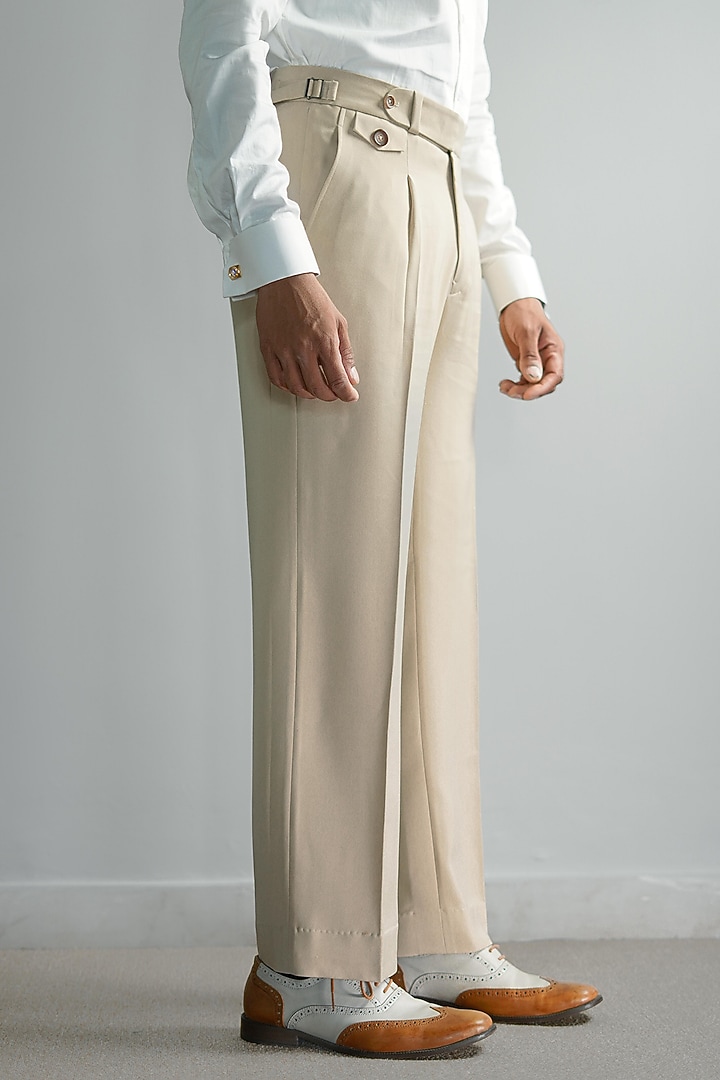 Beige Japanese Armani Blended Viscose Pleated Trousers by House of Sannidhi at Pernia's Pop Up Shop
