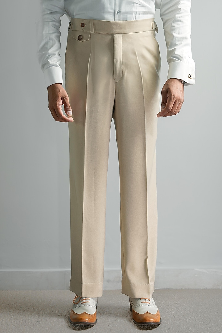 Beige Japanese Armani Blended Viscose Pleated Trousers by House of Sannidhi at Pernia's Pop Up Shop