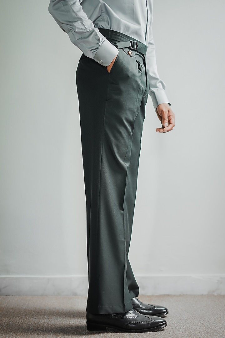Green Merino Wool Blend Italian Trousers by House of Sannidhi at Pernia's Pop Up Shop