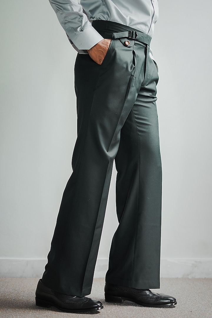 Green Merino Wool Blend Italian Trousers by House of Sannidhi at Pernia's Pop Up Shop