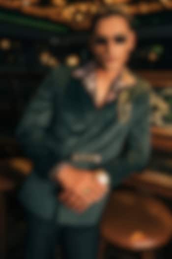Velvet Green Soft Suede Double Breasted Jacket by House of Sannidhi at Pernia's Pop Up Shop