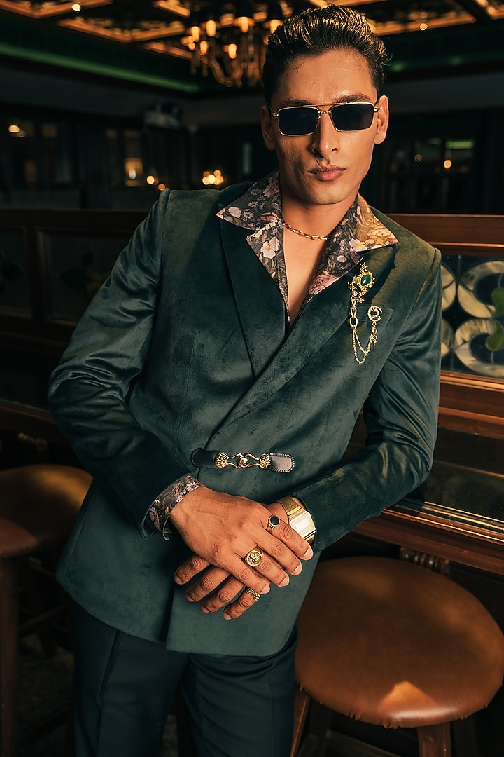 Velvet Green Soft Suede Double Breasted Jacket by House of Sannidhi at Pernia's Pop Up Shop