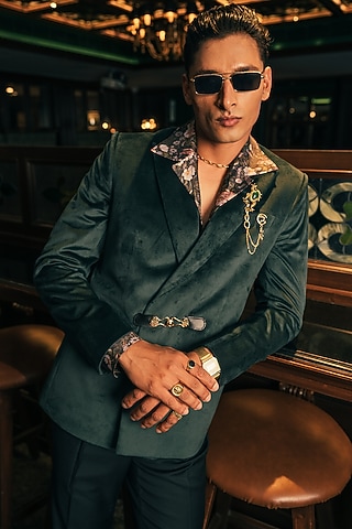 Velvet Green Soft Suede Double Breasted Jacket by House of Sannidhi