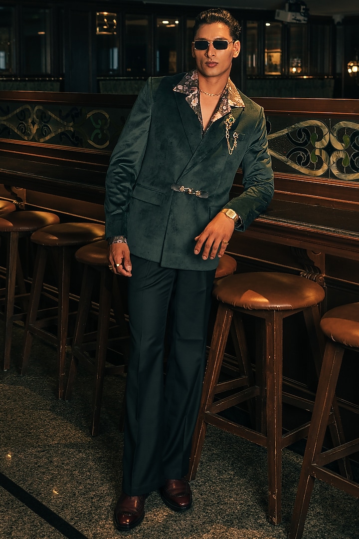 Velvet Green Soft Suede Double Breasted Jacket by House of Sannidhi at Pernia's Pop Up Shop