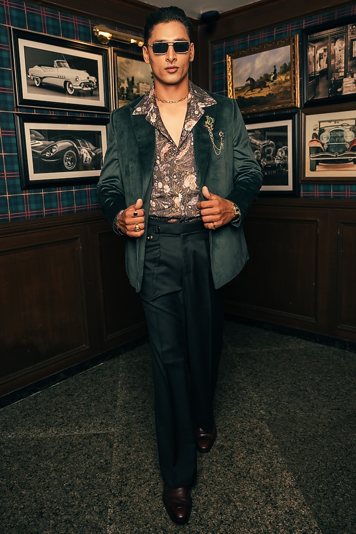 Velvet Green Soft Suede Double Breasted Jacket by House of Sannidhi at Pernia's Pop Up Shop